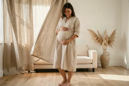 Femme enceinte en robe lin ivoire caressant son ventre dans un salon scandinave lumineux lors d'une séance photo maternité