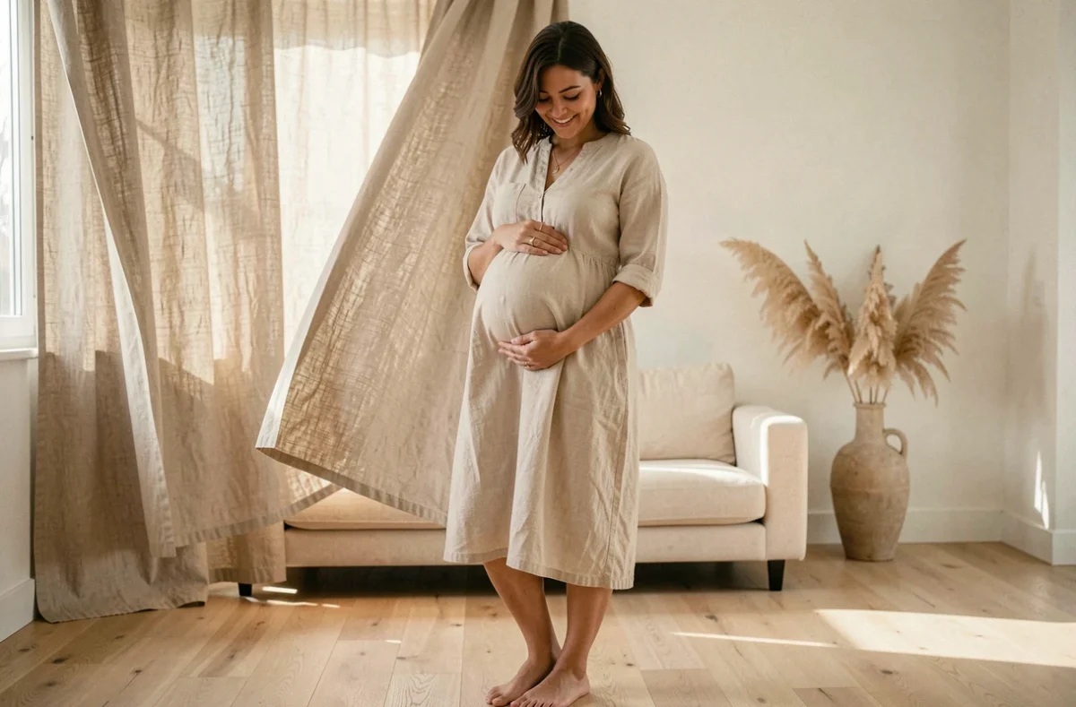 Femme enceinte en robe lin ivoire caressant son ventre dans un salon scandinave lumineux lors d'une séance photo maternité
