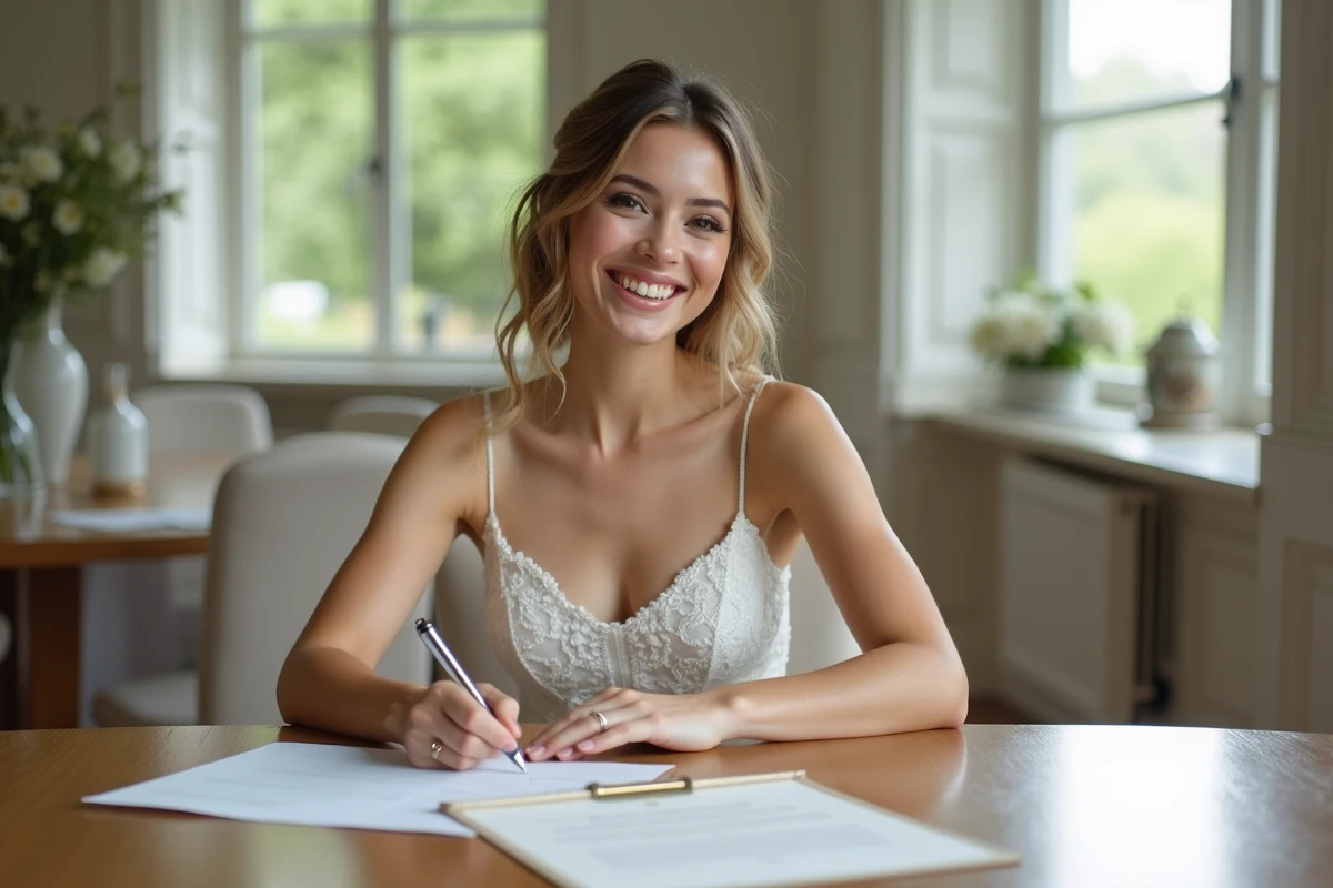 Jeune femme signant un certificat de mariage dans une salle lumineuse