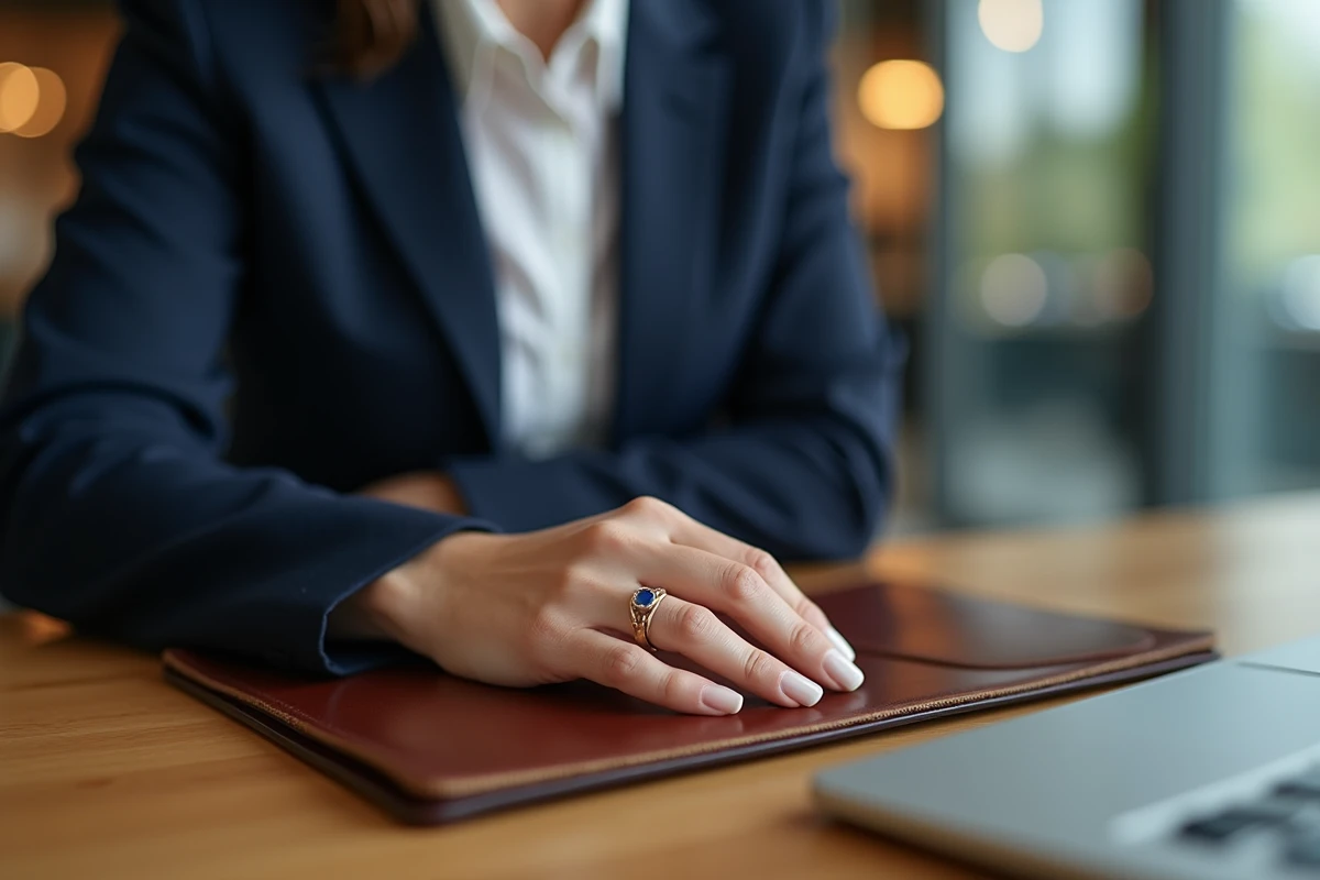 Femme professionnelle portant des bagues élégantes sur différents doigts au bureau, symbolisant statut et image personnelle