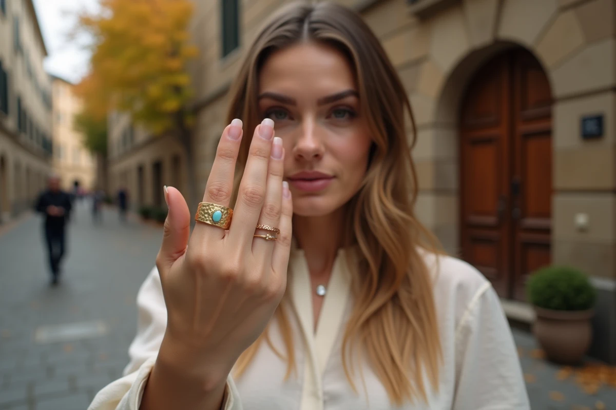 Jeune femme arborant des bagues empilées sur l'index dans une rue pavée, tendance et symbolisme des bijoux portés sur chaque doigt