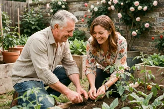 Stéphane Marie et son épouse jardinent ensemble dans leur potager, agenouillés parmi les plants de tomates avec complicité