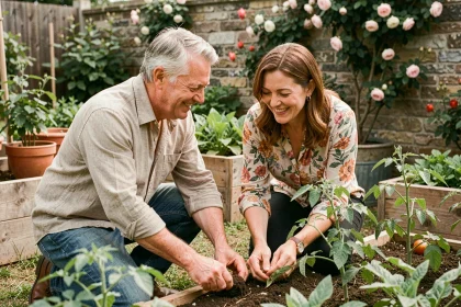 Stéphane Marie et son épouse jardinent ensemble dans leur potager, agenouillés parmi les plants de tomates avec complicité