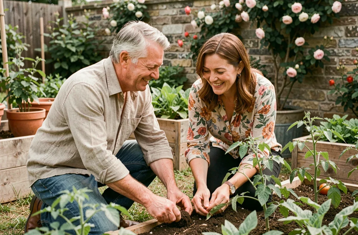Stéphane Marie et son épouse jardinent ensemble dans leur potager, agenouillés parmi les plants de tomates avec complicité