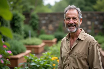 Homme passionné de jardinage souriant dans un potager fleuri, évoquant l'univers de l'émission Silence ça pousse