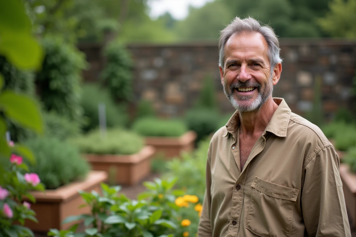 Homme passionné de jardinage souriant dans un potager fleuri, évoquant l'univers de l'émission Silence ça pousse