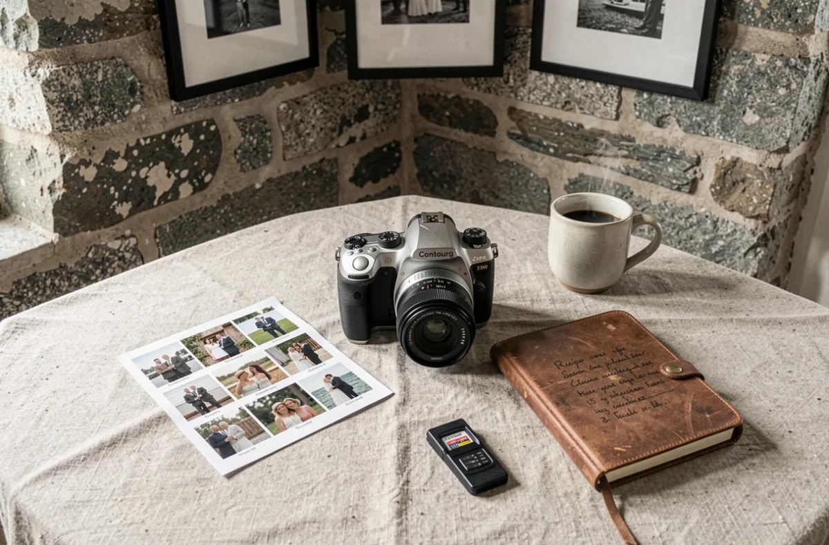 Atelier d'un photographe professionnel à Combourg avec matériel photo et tirages d'événements sur une table en lin