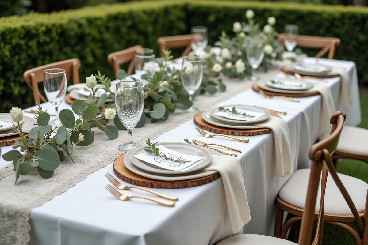 Table de mariage en plein air avec décor floral et rubans en jardin