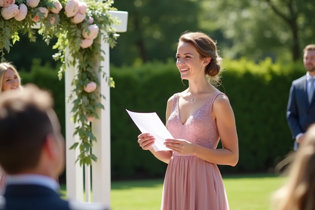 T&eacute;moin f&eacute;minine lisant son discours en plein air lors d'une c&eacute;r&eacute;monie de mariage au jardin