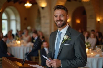 Témoin en costume chic prononçant un discours émouvant lors d'une réception de mariage élégante