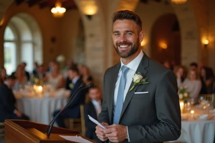 T&eacute;moin en costume chic pronon&ccedil;ant un discours &eacute;mouvant lors d'une r&eacute;ception de mariage &eacute;l&eacute;gante