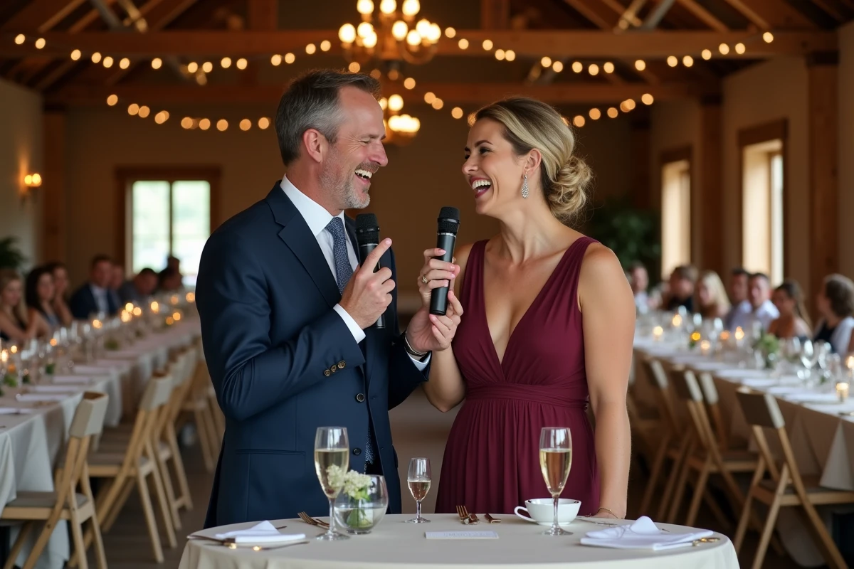 Deux t&eacute;moins complices partageant un discours humoristique ensemble lors d'un mariage en grange