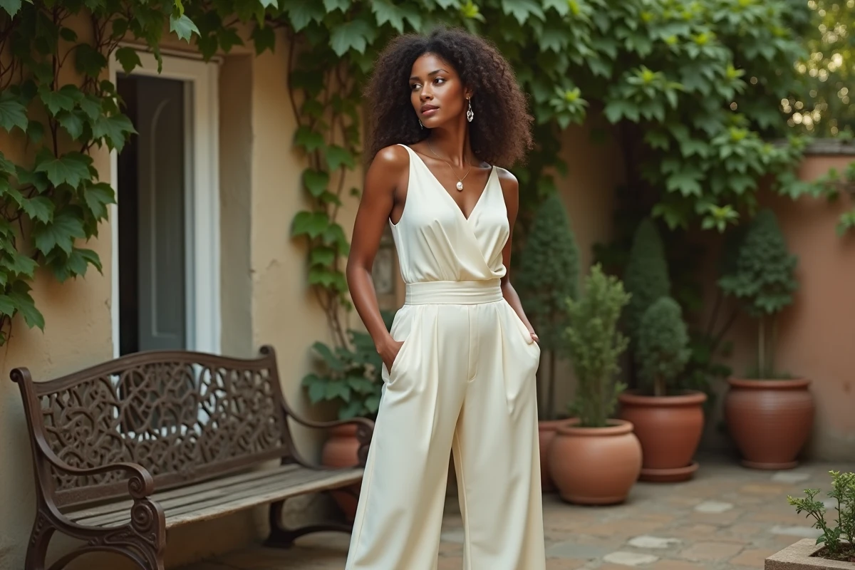 Mariée en combinaison palazzo blanche élégante dans un jardin botanique, style mariage civil chic et décontracté