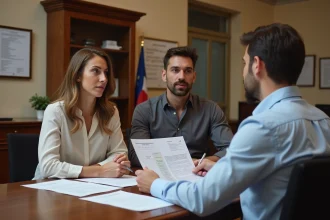 Couple en mairie consultant des documents pour la transcription de leur mariage à Nantes