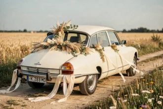 Voiture de mariage bohème décorée de pampa et rubans ivoire sur un chemin de campagne ensoleillé