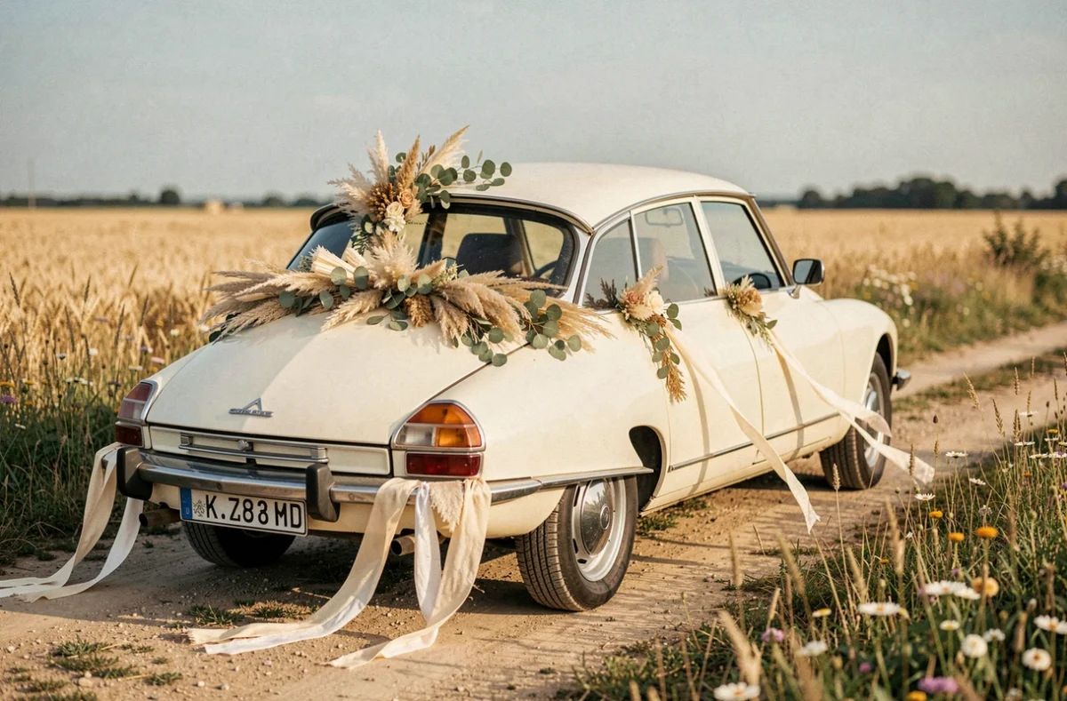 Voiture de mariage bohème décorée de pampa et rubans ivoire sur un chemin de campagne ensoleillé