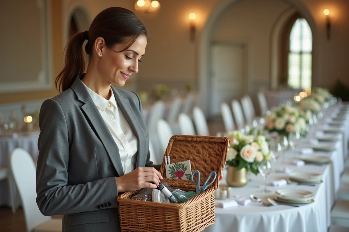 Wedding planner tenant un panier de kit de survie mariage avec accessoires d'urgence près d'une table de réception décorée